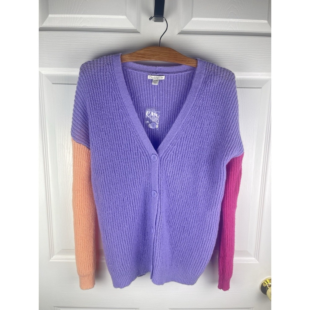 Charlotte Russe Colorblock Cardigan Sweater Purple Pink Orange XL Knit - Picture 2 of 5